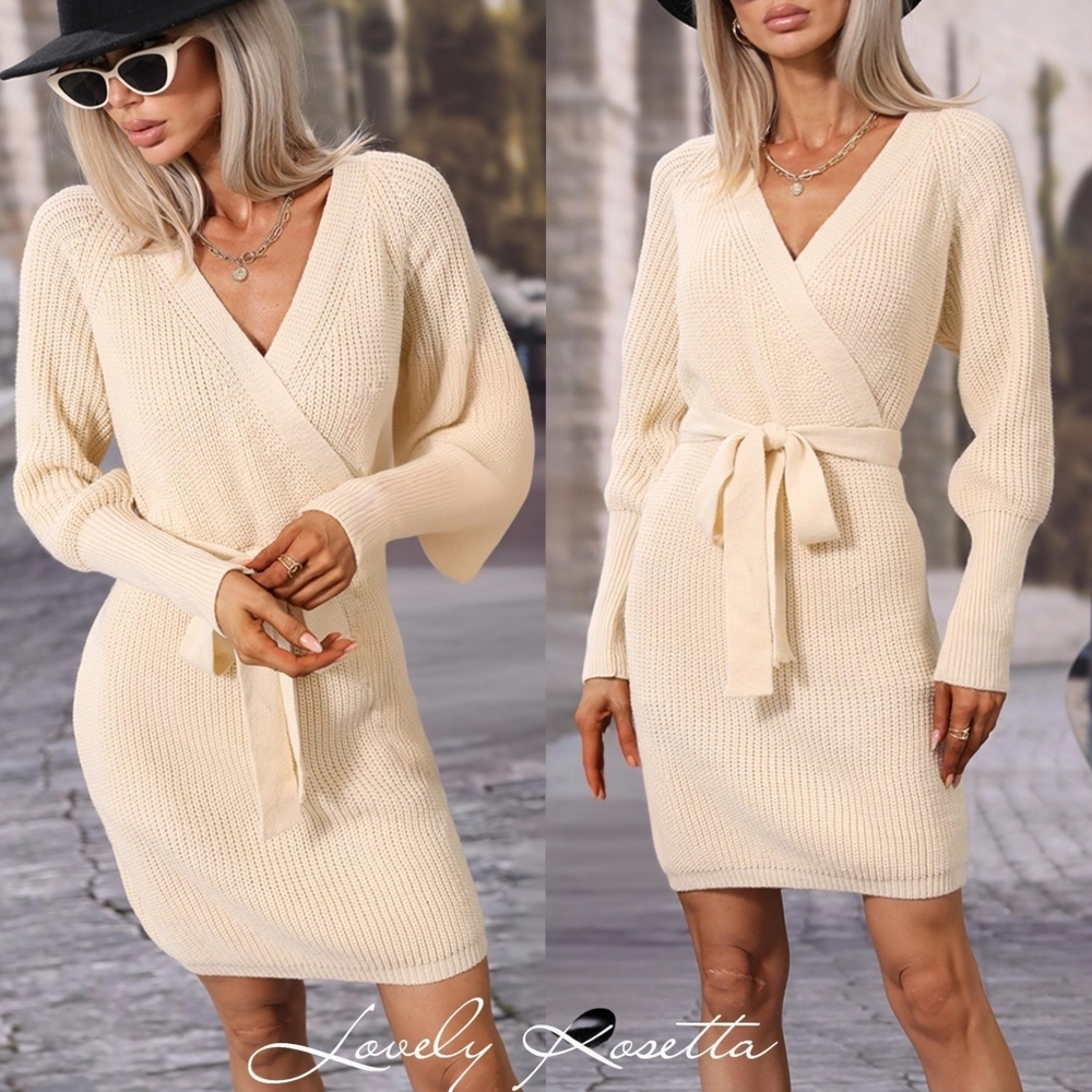 Cream Tie Waist Sweater Dress